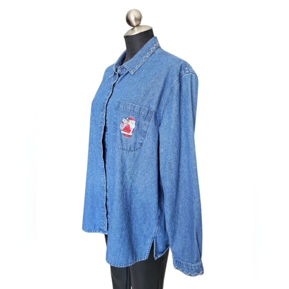 Vintage Denim Button-Up Shirt with Embroidered Santa Sz XL - Picture 4 of 11